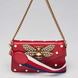 Gucci Red Leather Pearl Studded Mini Broadway Bee Shoulder Bag